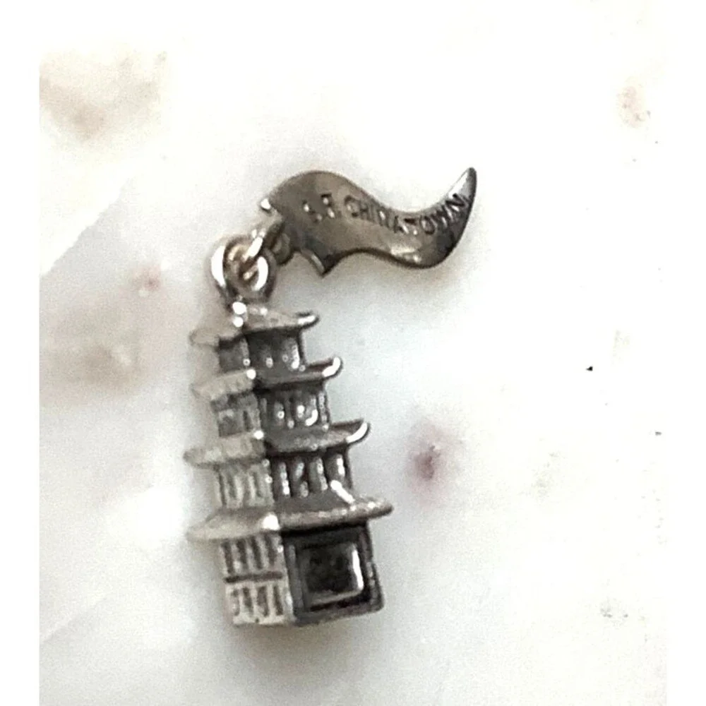 Vintage Chinatown Charm San Francisco Pagoda Nickel Silver Pendant Signed